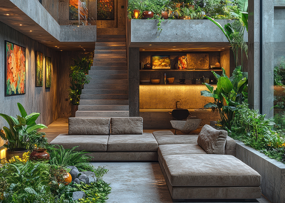 Living room comfortable sofas, abundant greenery, and window to outside space.