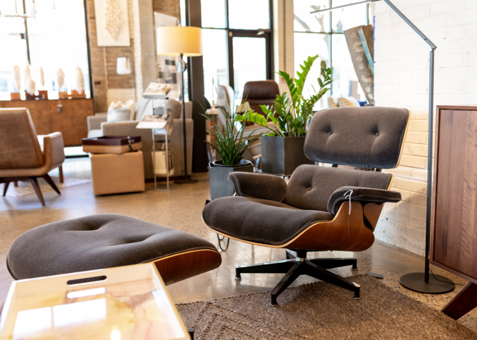 Eames lounge chair and ottoman in showroom.