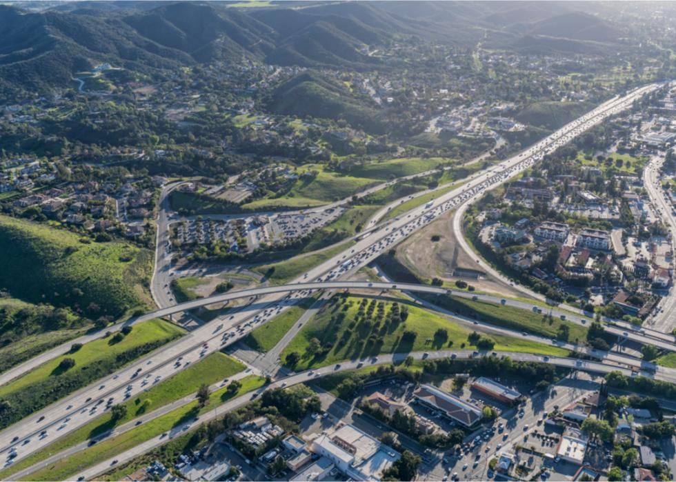 A view from above of cars on an interstate.