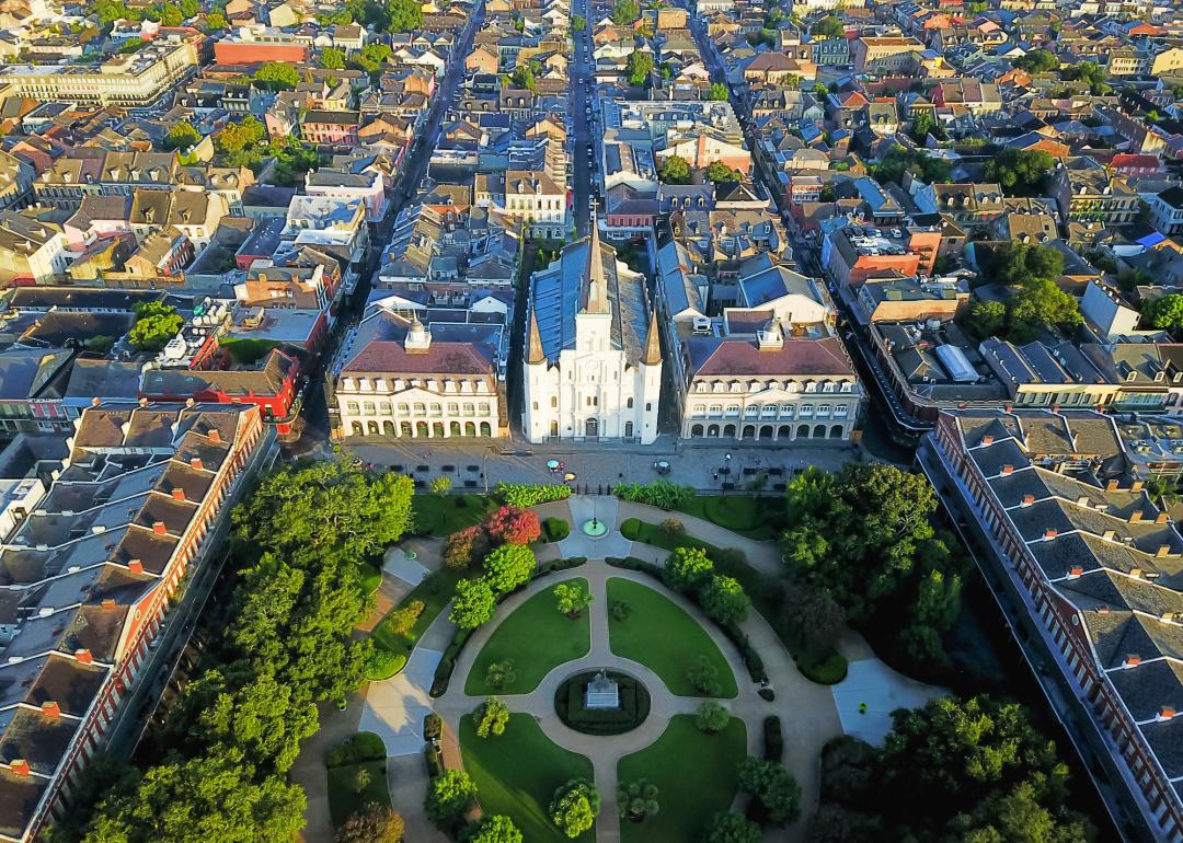 Aerial view of Jackson Square with Saint Louis Cathedral church