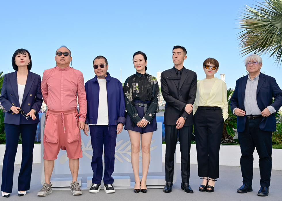 Liang Jiayan, Yu Lik Wai, Jia Zhangke, Zhao Tao, Zhou You, Jiahuan Wan and Shozo Ichiyama attend "Caught By The Tides" Photocall at Cannes.