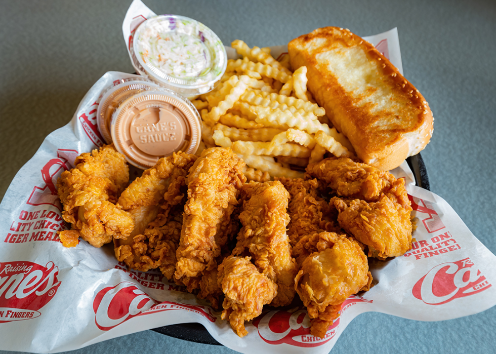 Close up shot of the delicious deep fried chicken fingers.