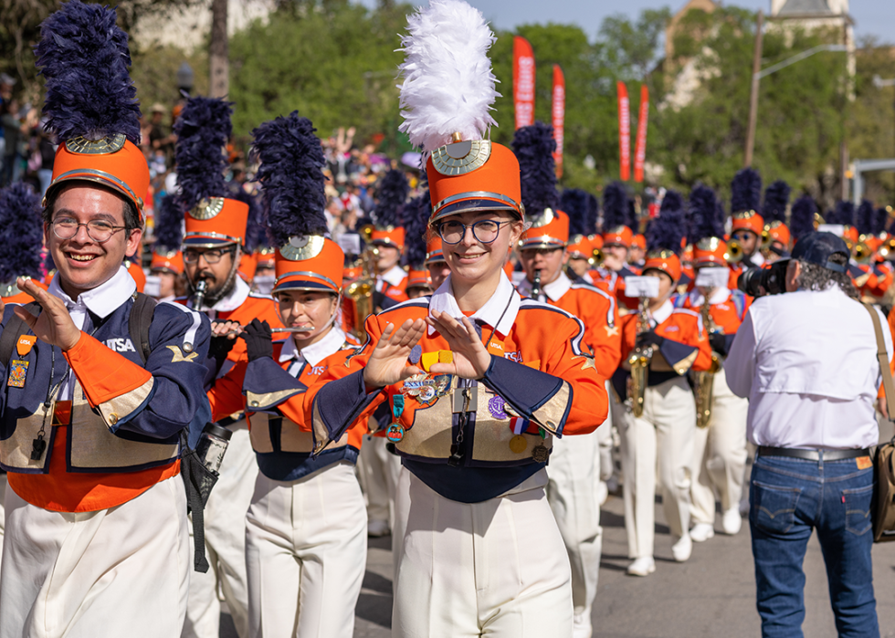 The University of Texas at San Antonio Marching Band performing at parade.