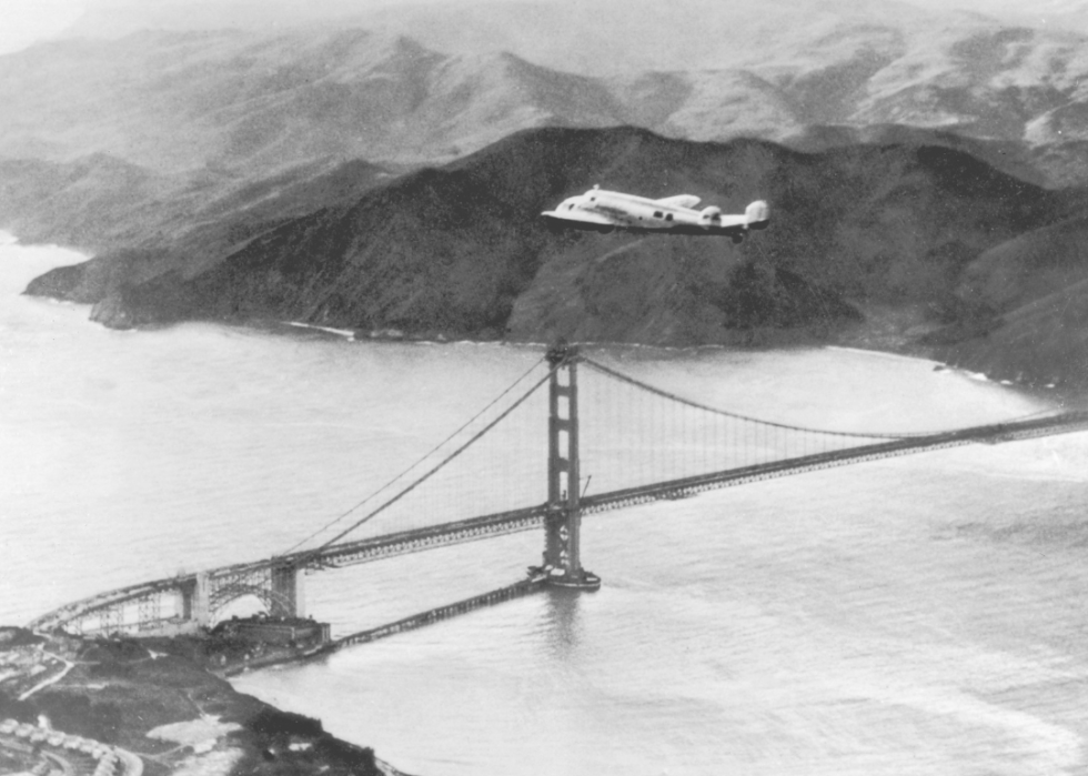 Amelia Earhart’s plane flies over the Golden Gate Bridge in Oakland