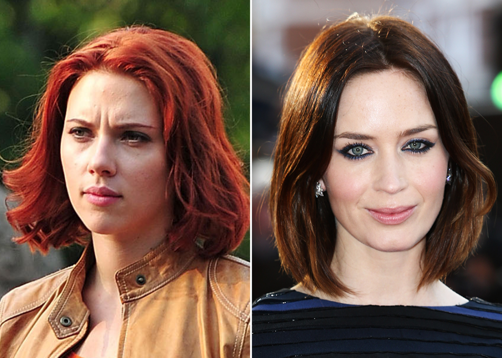 On left, Scarlett Johansson filming on location for ‘The Avengers’; on right Emily Blunt at ‘Salmon Fishing in the Yemen’ premiere in 2012.
