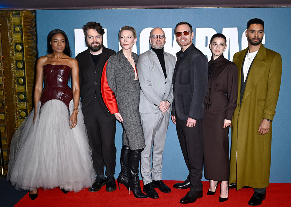 Naomie Harris, Tom Burke, Cate Blanchett, Steven Soderbergh, Michael Fassbender, Marisa Abela and Rege-Jean Page attend the "Black Bag” screening.