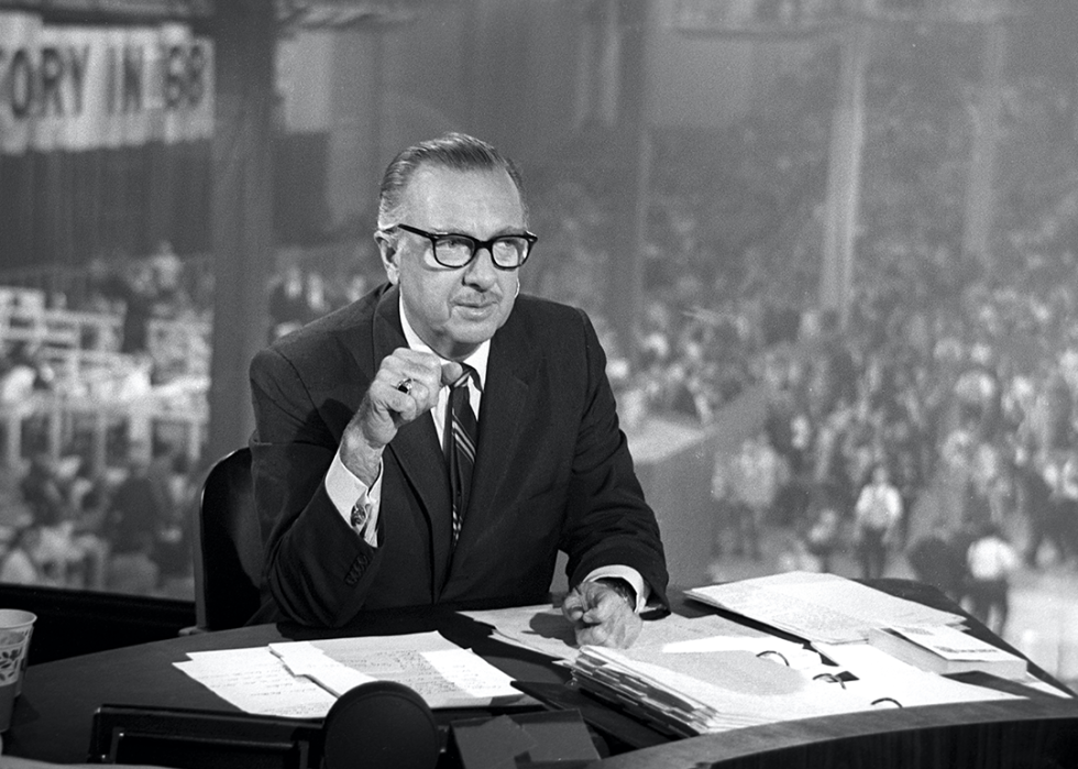 Walter Cronkite broadcasting at the GOP Convention in 1968.