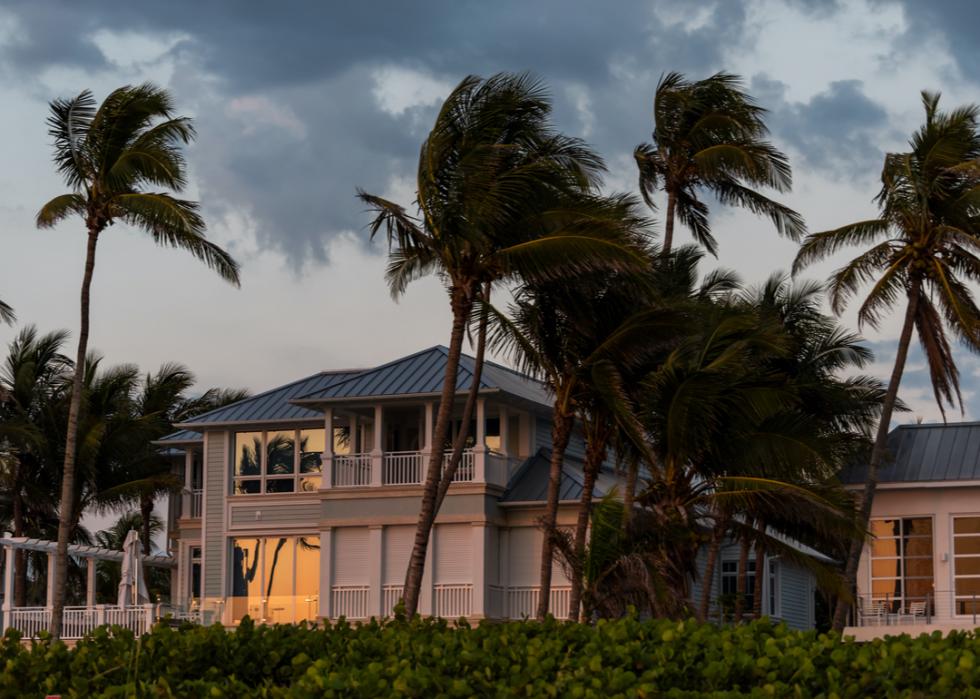 Photo shows a coastal house with palm trees blowing in strong wind