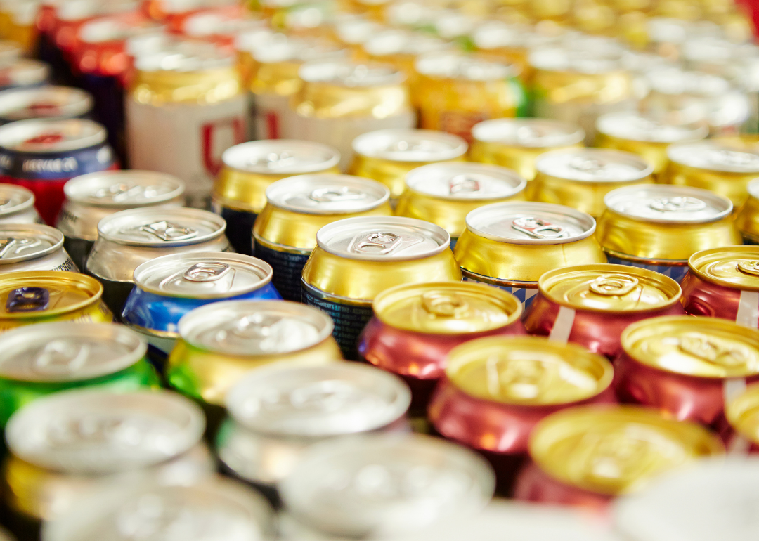 Close up on colorful beer cans.