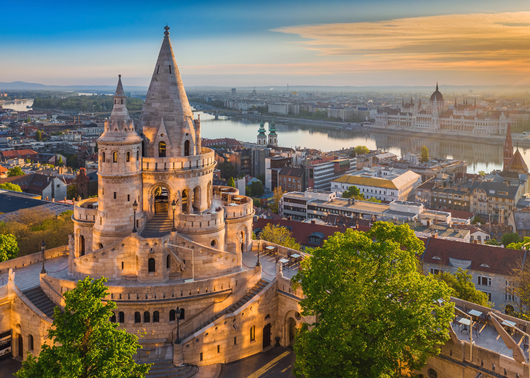 Fisherman's Bastion in Budapest overlooking the Danube River.