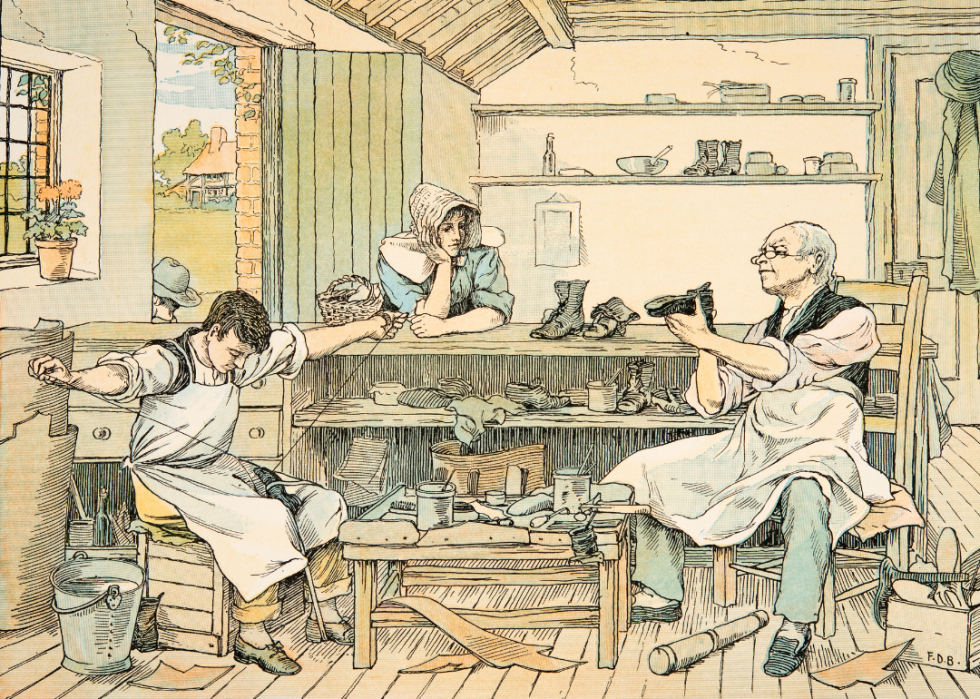 Colour lithograph showing a patron in a cobbler shop.