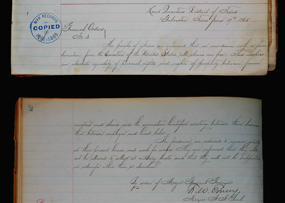 Handwritten record showing General Orders, Number 3, issued by United States Major General Gordon Granger, June 19, 1865