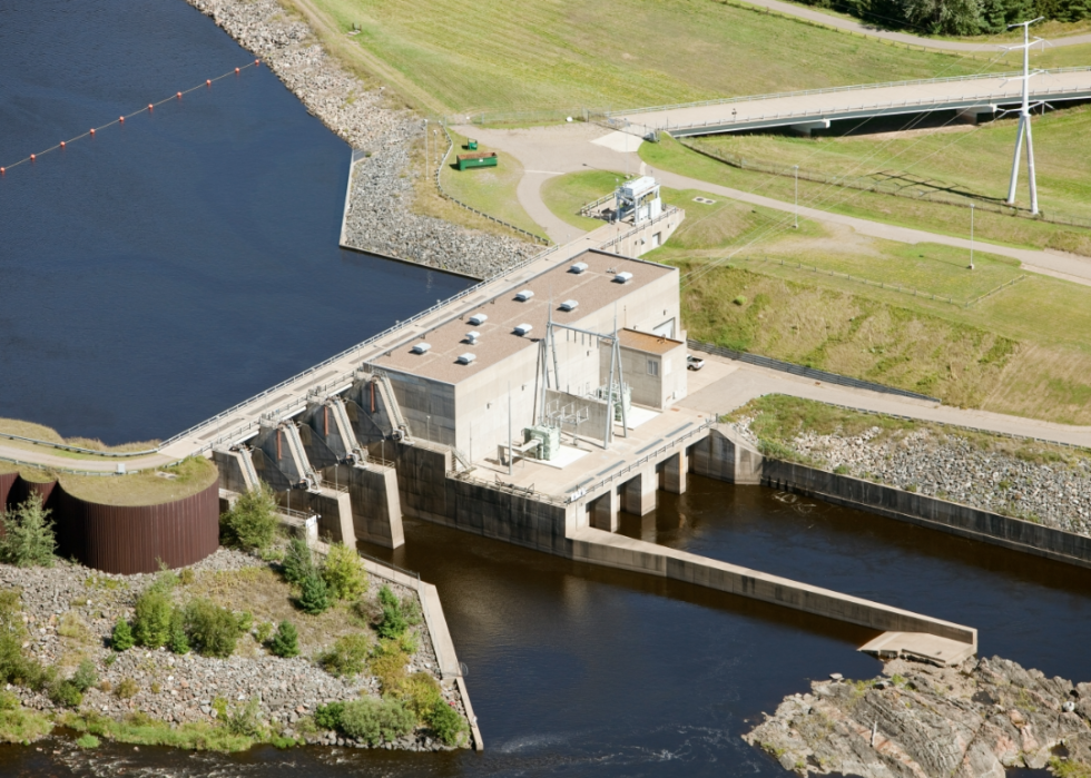 Aerial view of hydroelectric power plant and dam in Wisconsin.
