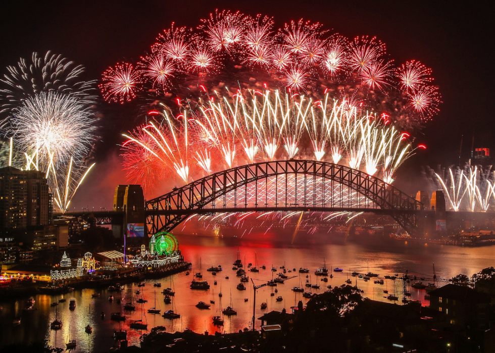 Fireworks explode over the  Sydney Harbor Bridge. 