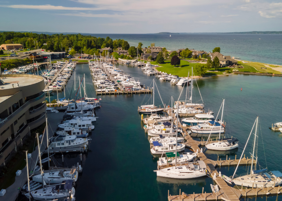 Aerial view of Traverse City marina with boats