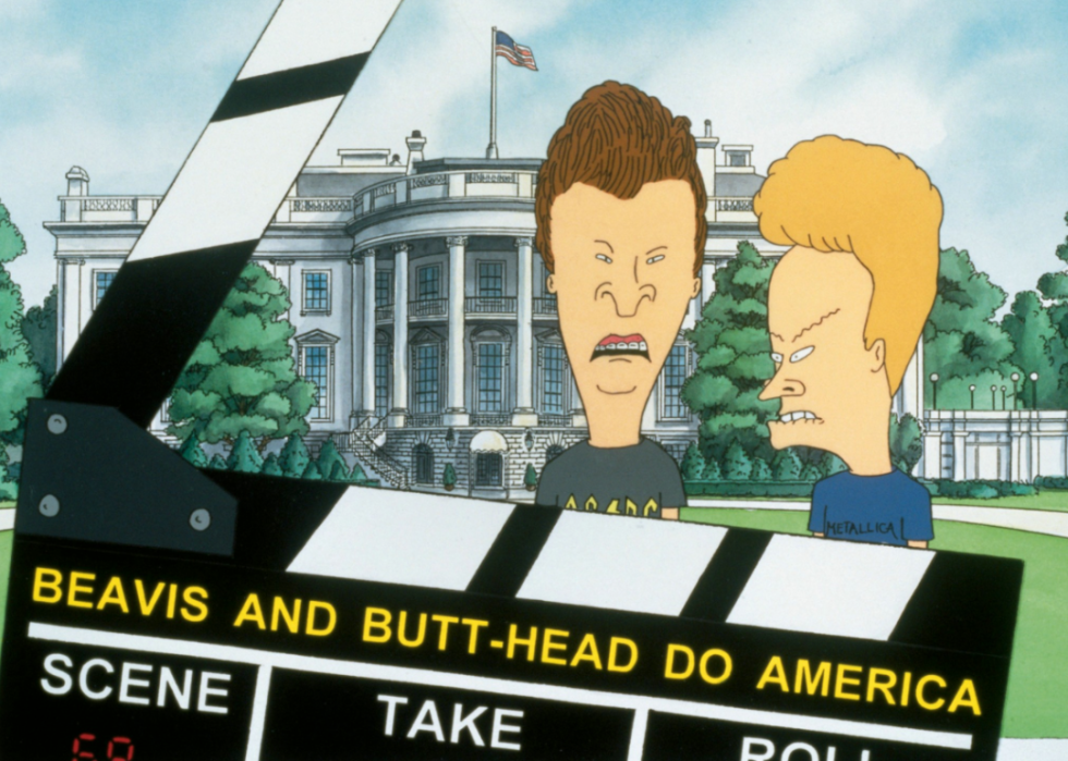 Illustration of Beavis and Butt-Head in front of The White House with film clapper