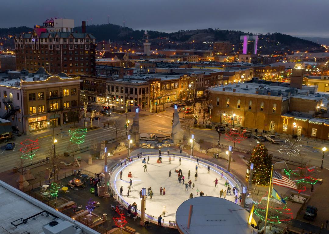 Aerial view of skating rink and Christmas lights in Rapid City