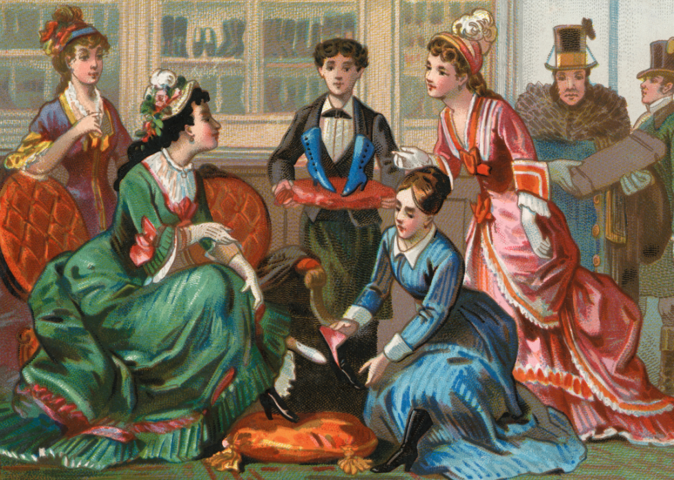 Illustration of four Victorian women in a shoe store.