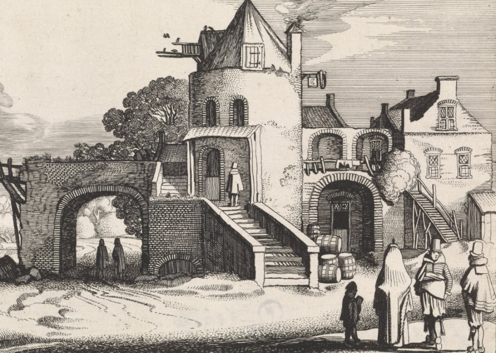 Illustration of toll house by river bridge