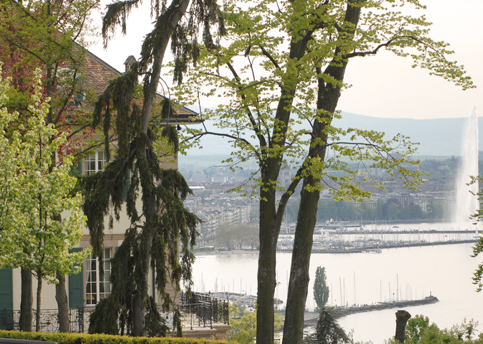 Villa Diodati and surrounding landscape in springtime near Lake Geneva.