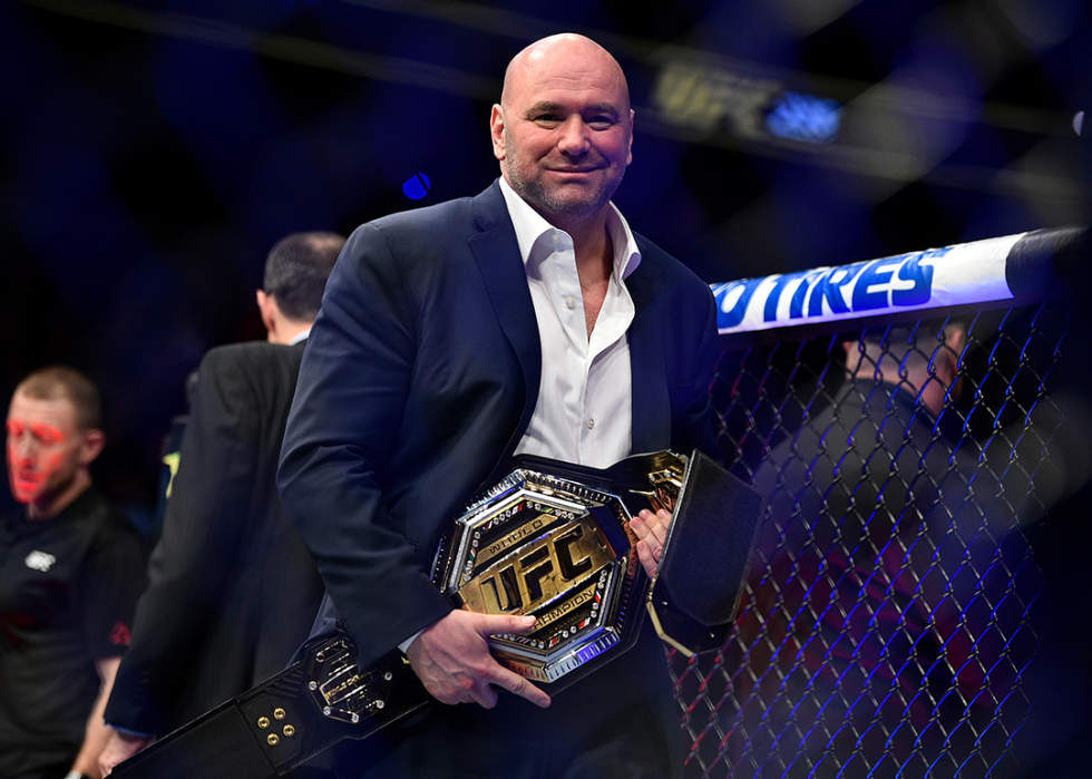 Dana White holds the UFC Legacy championship belt during the UFC 235 event.