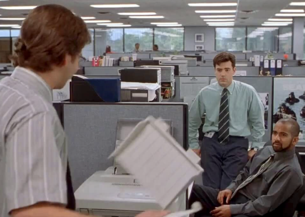 David Herman, Ron Livingston, and Ajay Naidu in a scene from ‘Office Space’
