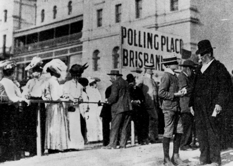Women voters outside a polling place in Brisbane, Australia, on May 25, 1907.