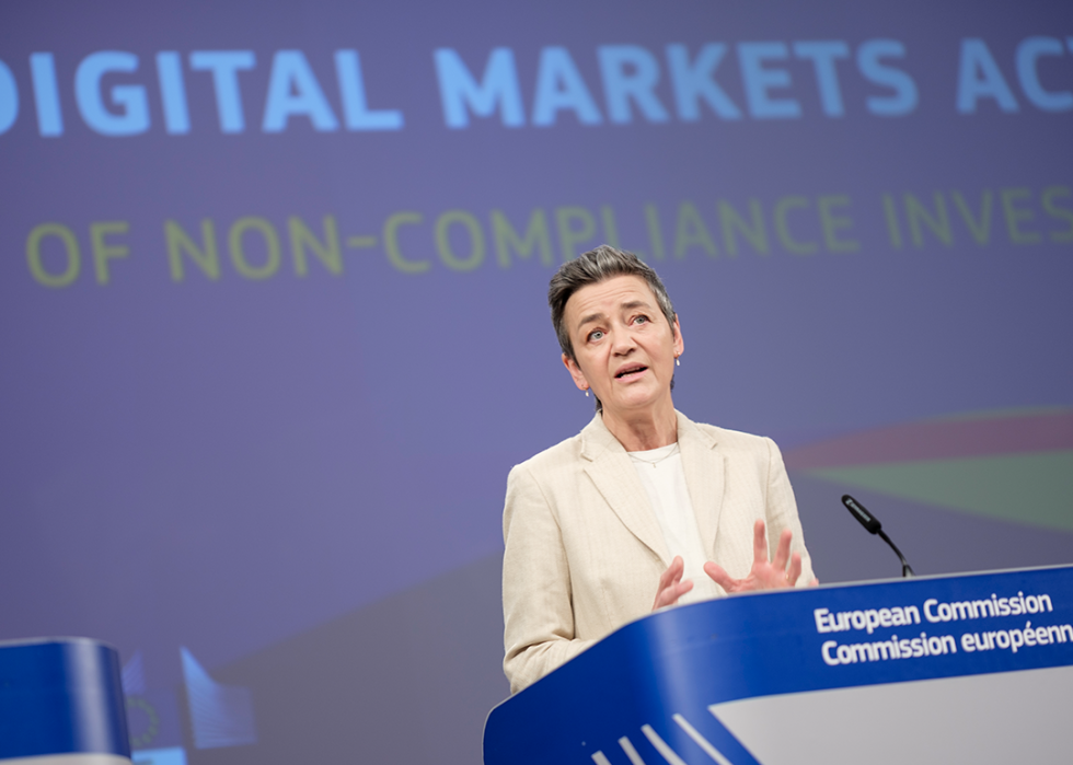 EU Commissioner Margrethe Vestager talks to media about noncompliance investigations.