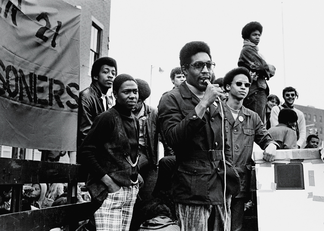 Dhoruba Bin Wahad, Afeni Shakur, and Jamal Joseph at rally in support of the Panther 21.