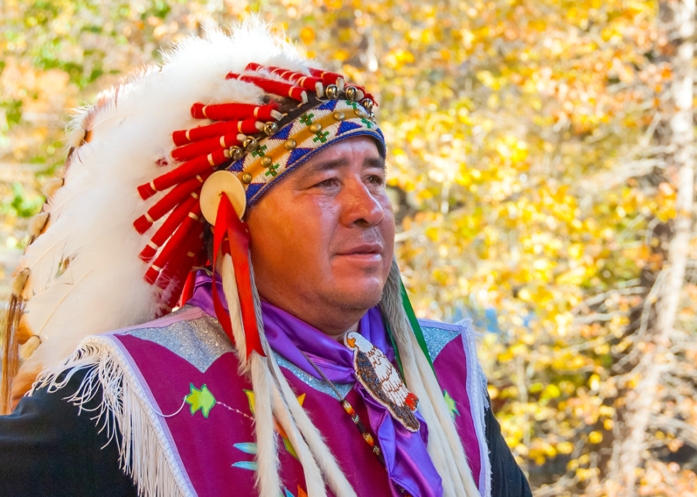 Man poses for a photo wearing Eastern Band of Cherokee ceremonial clothing.