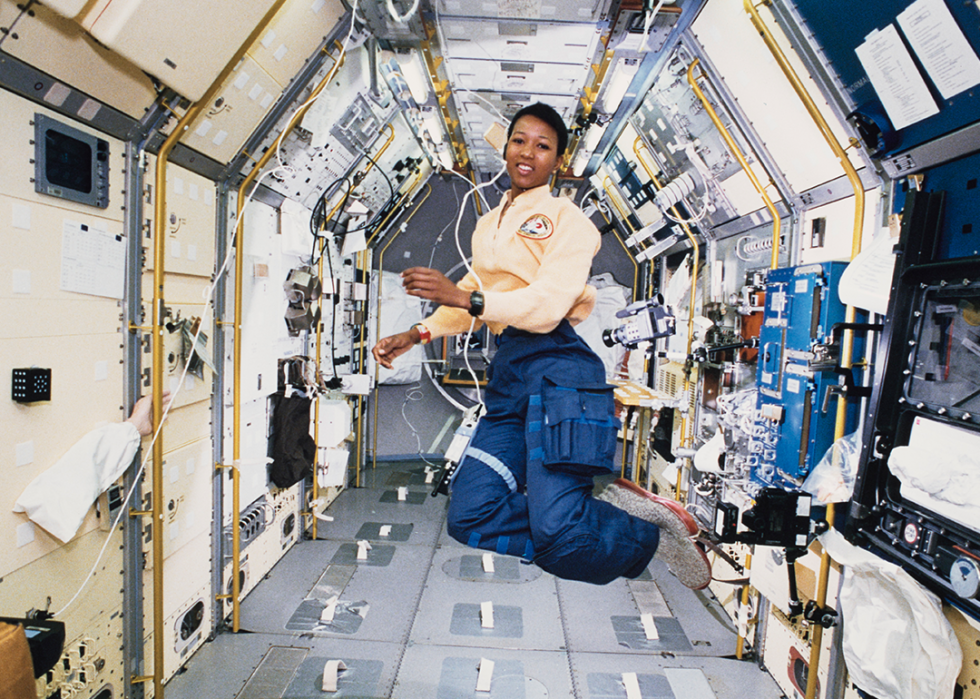 Mae Jemison works in zero gravity on the Space Shuttle Endeavour.