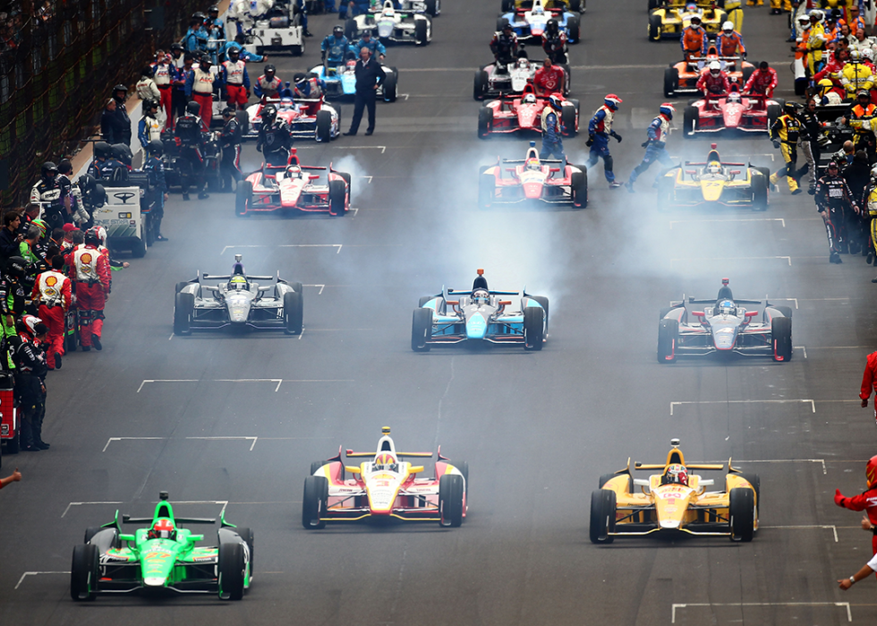 Drivers start their engines at the 97th Indianapolis 500.