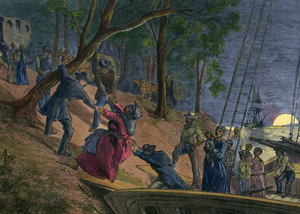 Enslaved people arriving in Philadelphia along the banks of the Schuylkill River from William Still's history Underground Railroad.