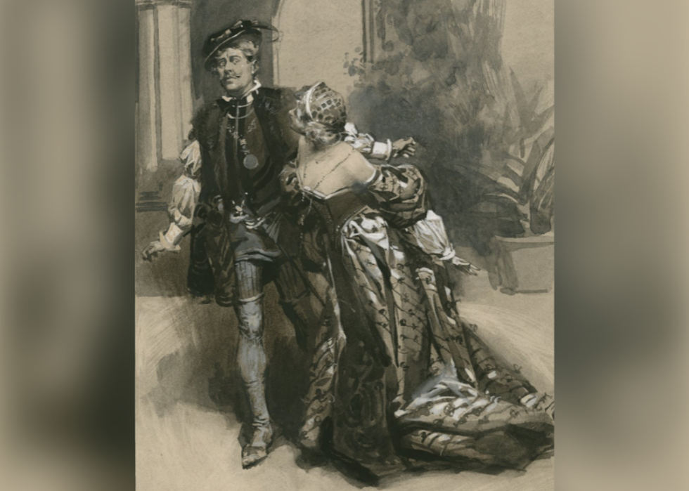 Drawing of Benedick and Beatrice in a scene from Much Ado About Nothing