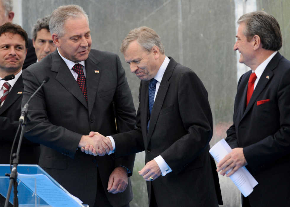 Prime Ministers of Croatia and Albania with NATO Secretary General at accession ceremony