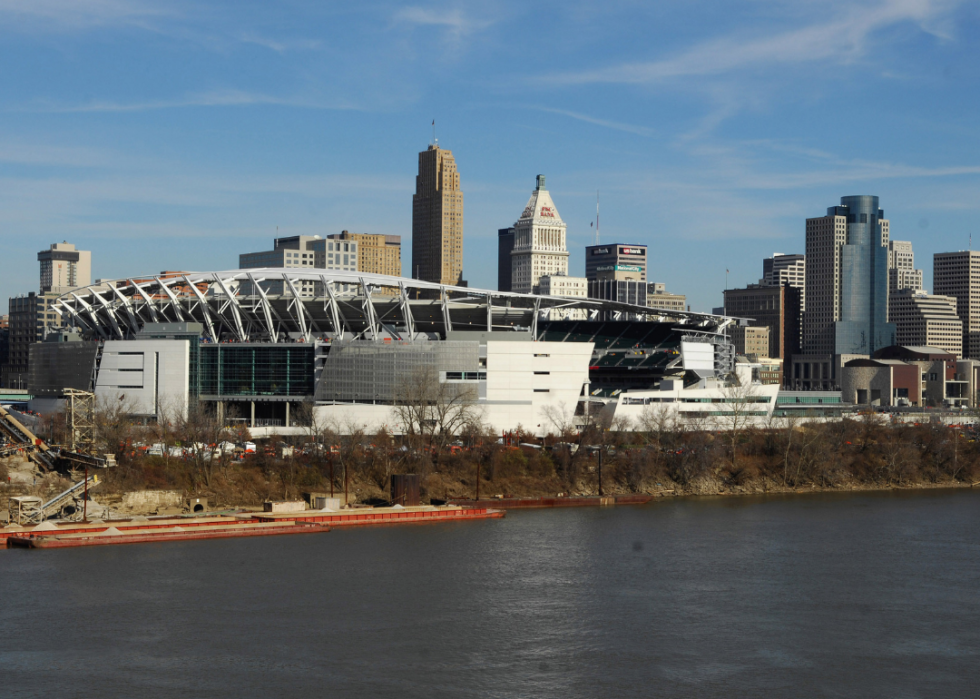Exterior view of Paul Brown Stadium with the Ohio River and Cincinnati skyline