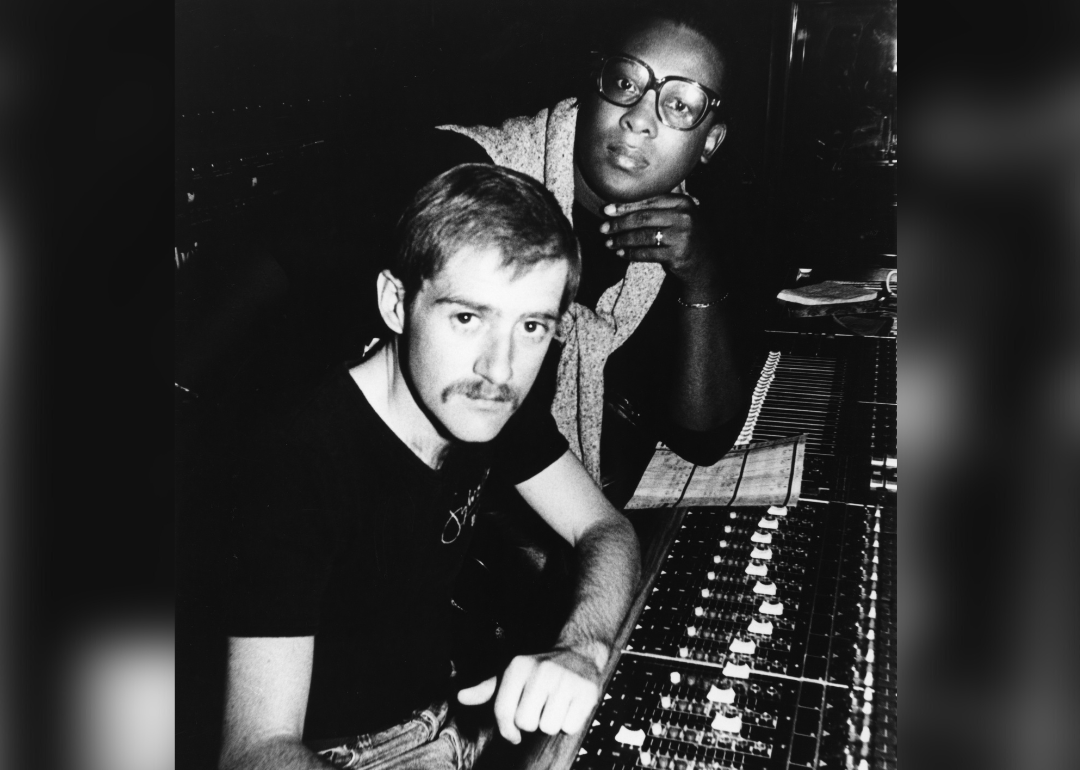 Sylvester and Patrick Cowley pose for a portrait in the studio.