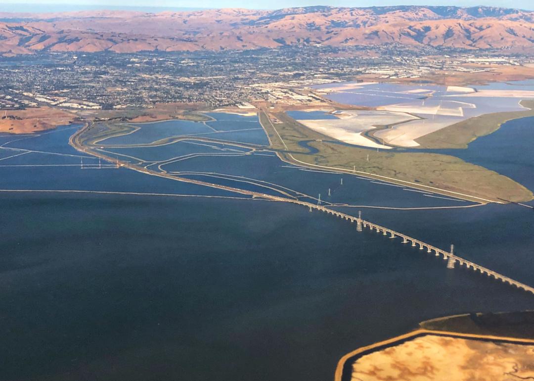 Aerial view of San Mateo Bridge in San Francisco Bay.