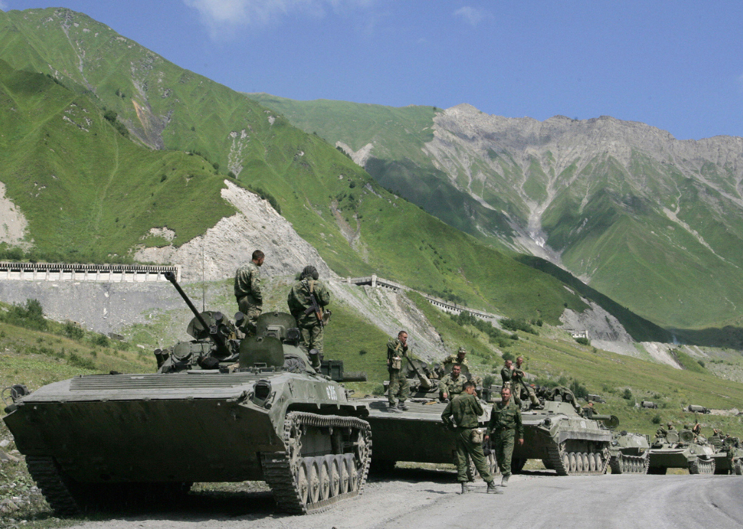 A convoy of Russian troops makes its way through the mountains of South Ossetia.