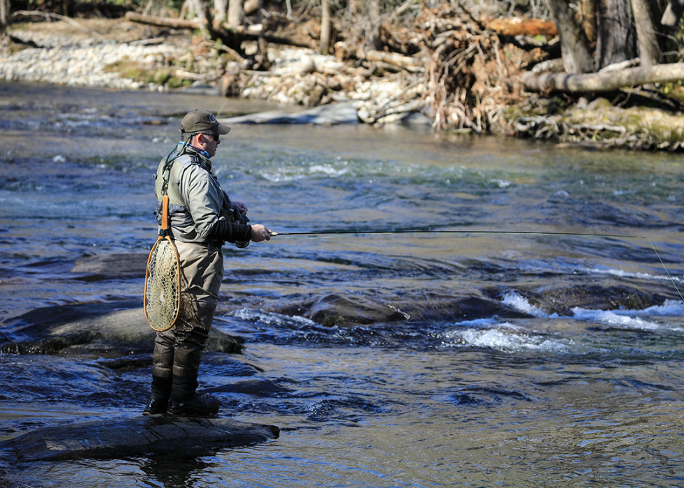 Person standing on a rock in a stream, fly fishing in the Great Smoky Mountains National Park.