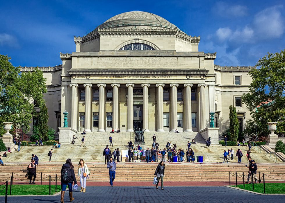 Students walking near the Columbia Library steps.