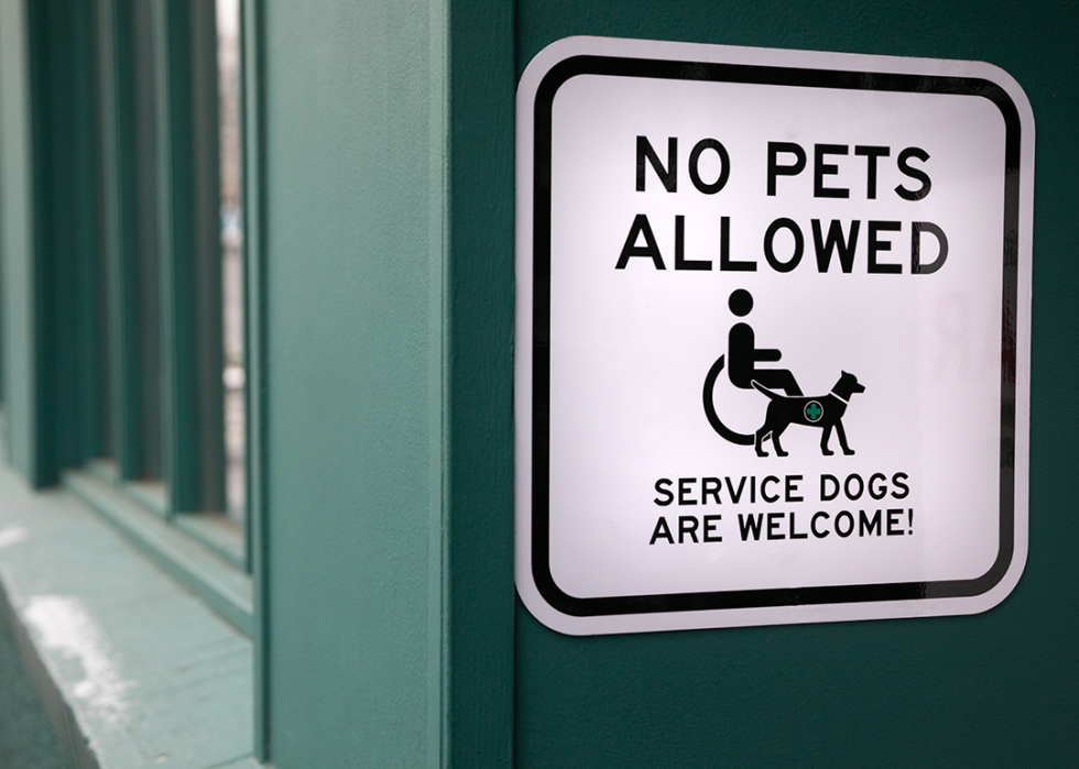 "No Pets Allowed. Service Dogs Are Welcome" sign at the entrance to a building.