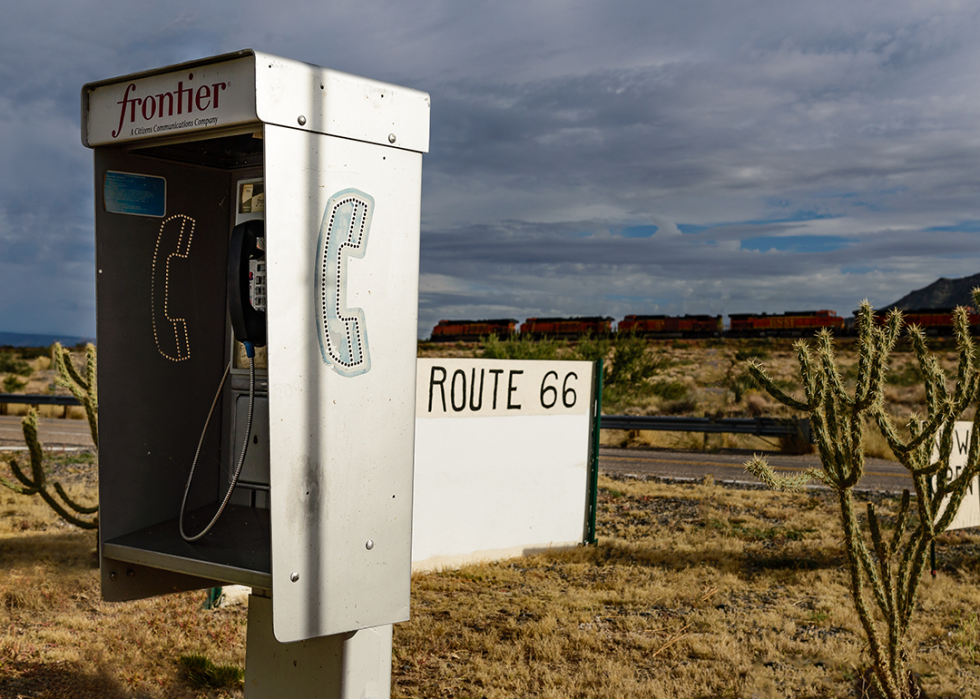 Payphone on Route 66 in desert.