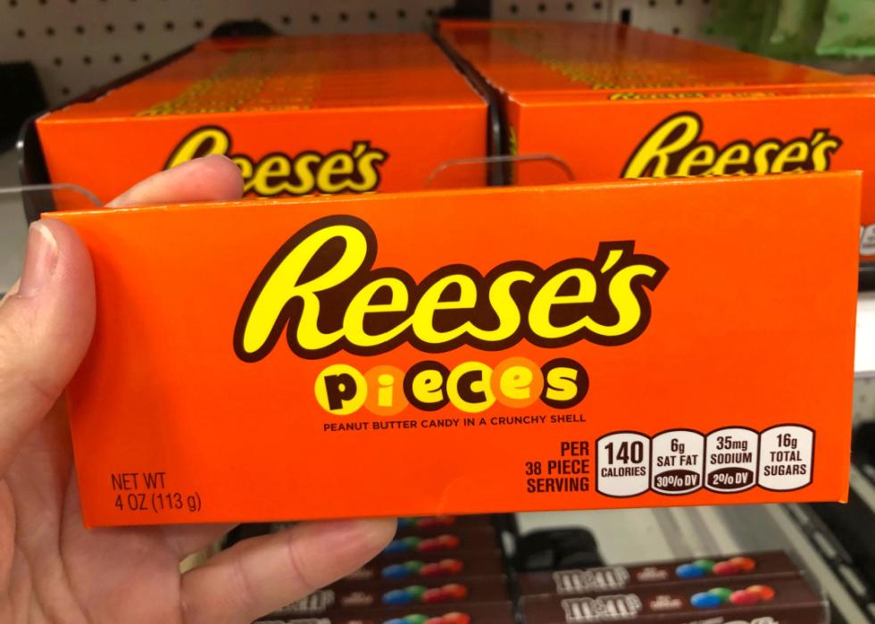 Hand holding box of Reese's Pieces candy.