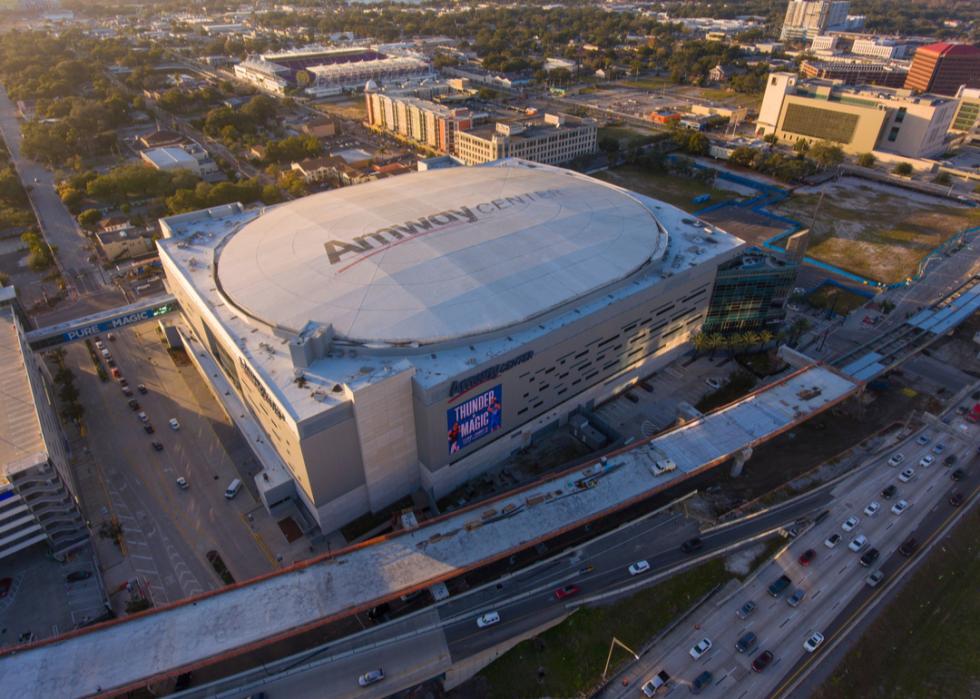 Aerial view of Amway Center at sunset