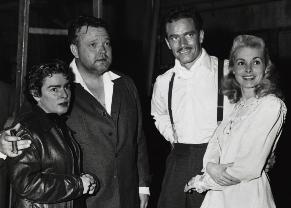 Orson Welles, Charlton Heston, and Janet Leigh on the set of ‘Touch of Evil’.