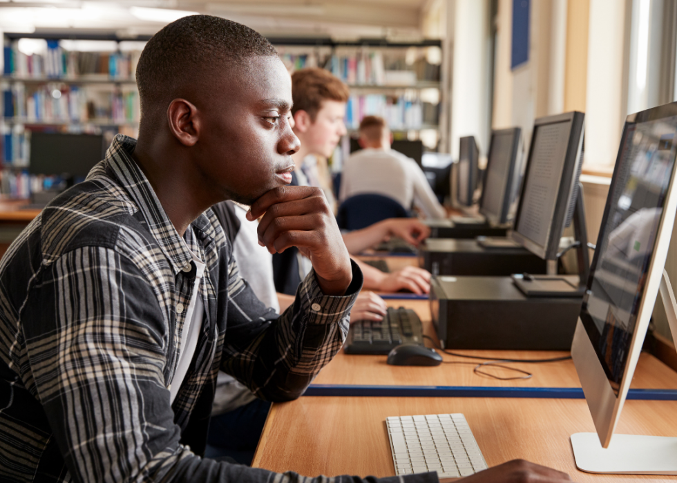 Student working at computer in library.