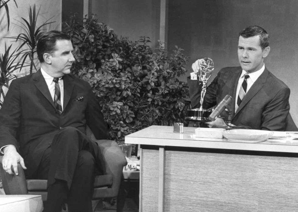 Johnny Carson holding an Emmy Award and talking to Ed McMahon on ‘The Tonight Show’.