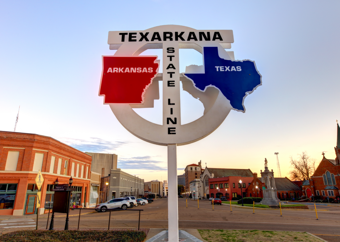 Downtown Texarkana with state line sign
