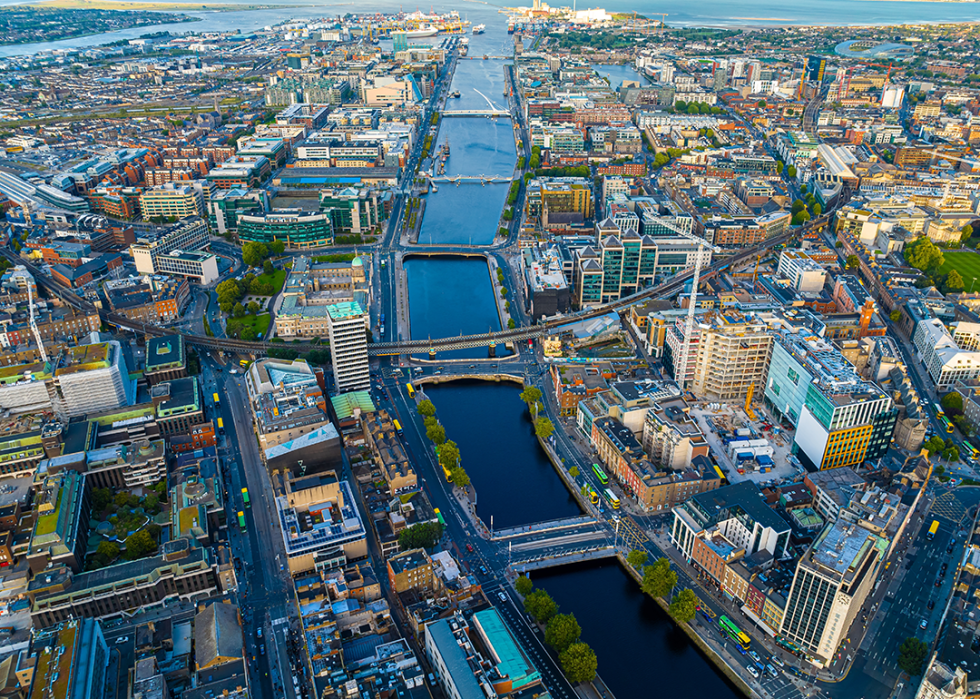 Aerial view of Dublin and River Liffey in summer.